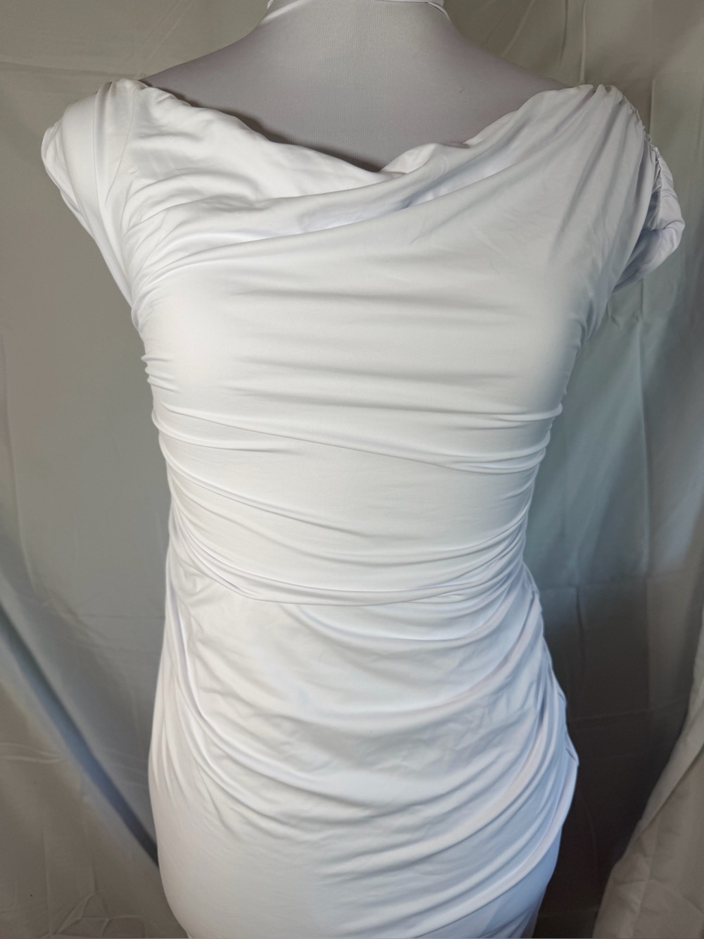 Sleeveless White Ruched Bodycon Cowl Neck Dress